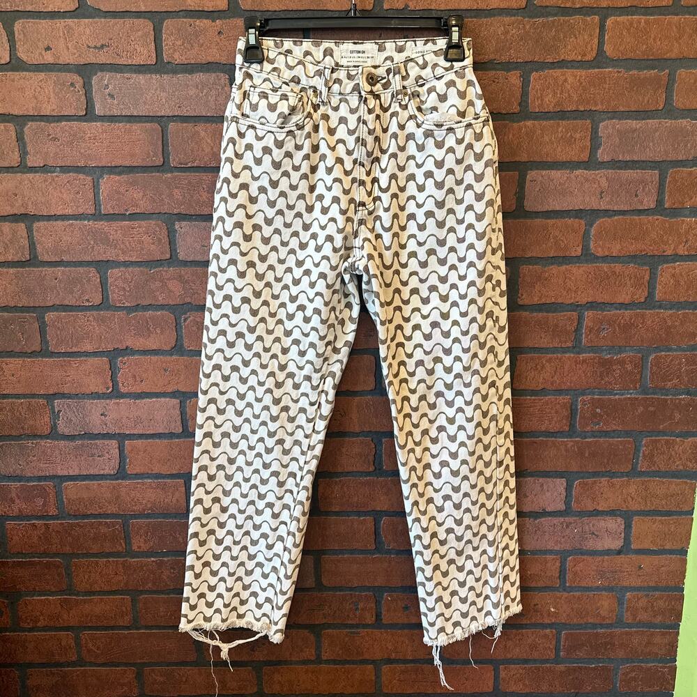 Cotton On Women's Brown Wave Long Straight Jeans Size 2 raw hem groovy